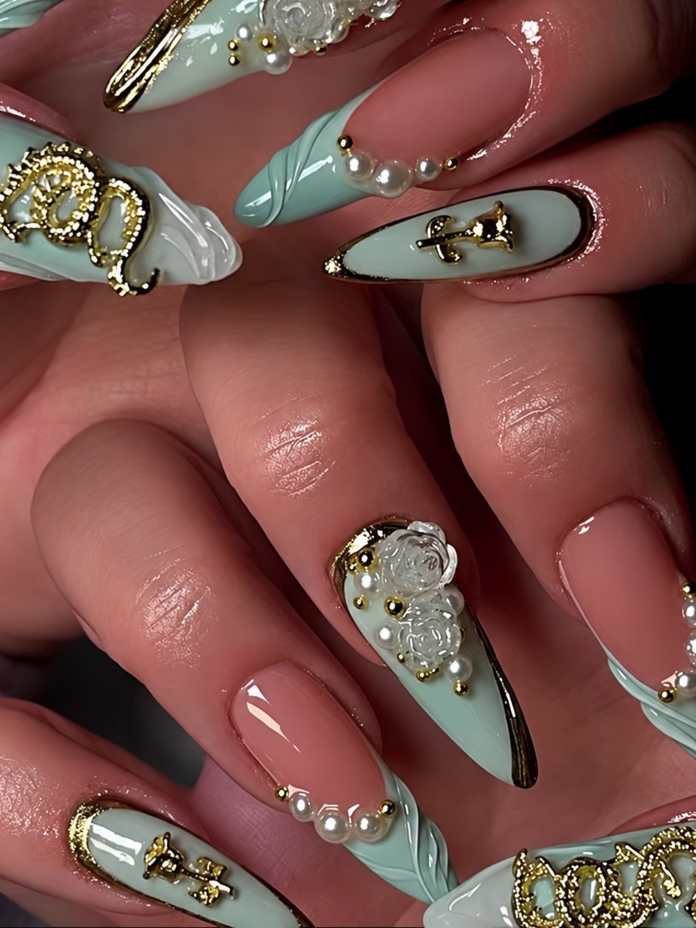 Luxury Mint Green and Nude Nail Art Set with Gold & Pearl Accents